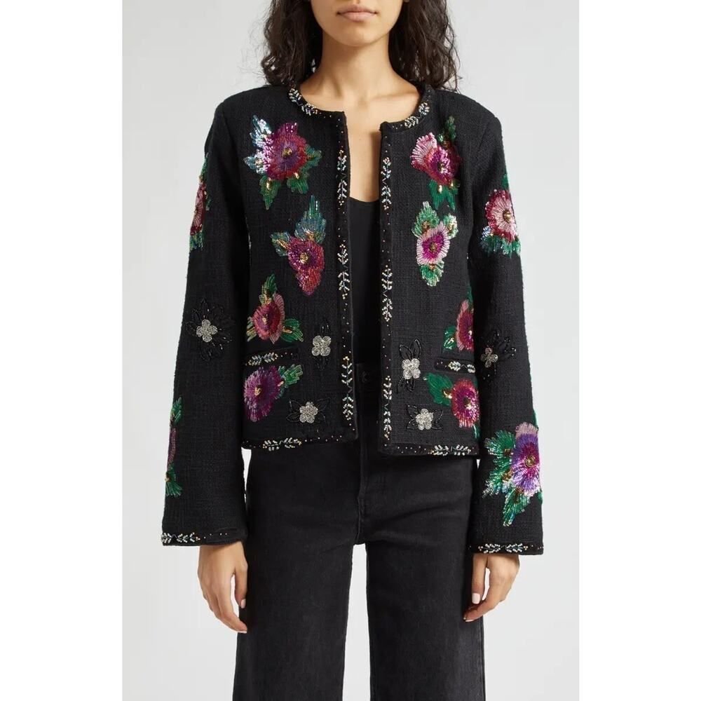 Sea NY Bethany Black Sequin Floral Embroidered Cotton Jacket Hook Closure